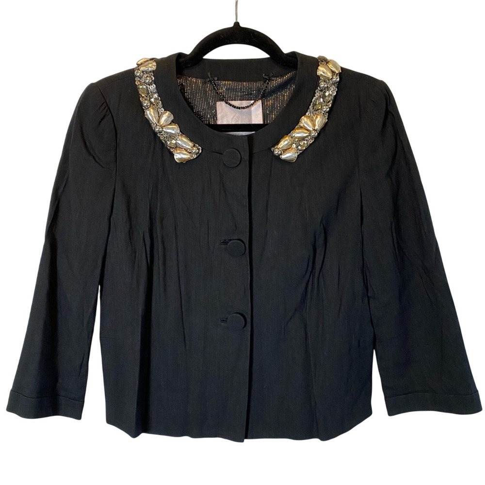 Rebecca Taylor Linen Blend Cropped Jacket Coat 8 Embellished Collar 3/4 Sleeve